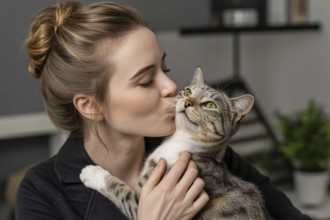 Woman kissing her reluctant cat. Funny moment of one-sided affection between pet and owner.