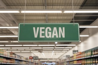 Green VEGAN ceiling sign marks location of plant-based foods in modern supermarket aisle.