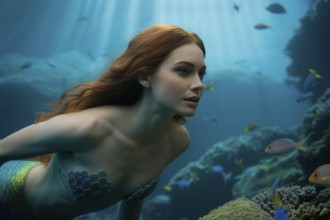 Red haired mermaid swimming underwater with tropical fish in blue ocean. Generative ai, AI