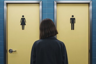 Back view of transgender woman standing in front of men's and women's bathroom doors. Concept of