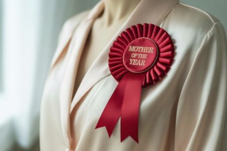 Red award rosette ribbon with text Mother of the year pinned to woman's blouse. Concept of