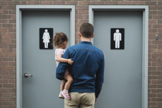Back view of father with young daughter hesitating in front of men's and women's restroom doors.
