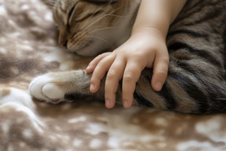 Young child's hand grabbing a cat's paw showing tender interaction and early bond between child and