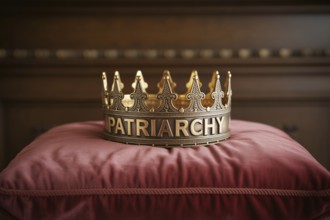 Golden crown with the word Patriarchy resting on a red cushion. Symbol of power and societal