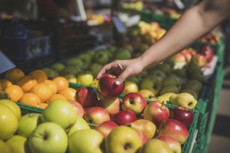 Hand reaching for fresh apples at a farmers market. Concept for healthy seasonal eating and
