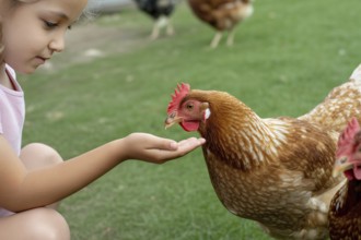 Young girl feeding chickens by hand. Childhood connection with animals and learning about