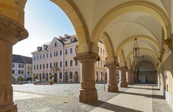 View of Hotel Börse through the arches of the New Town Hall of Görlitz, Lower Market Square -