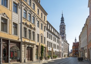 Townhouses at BrÃ¼derstraÃŸe with Old Town Hall tower, Görlitz, Goerlitz, Germany