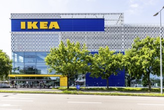 IKEA store, facade with logo. Karlsruhe, Baden-WÃ¼rttemberg, Germany