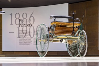 Benz Patent Motor Car from 1886 - the world's first petrol car. The Mercedes-Benz Museum in