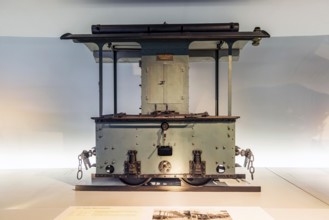 Daimler engine locomotive from 1893. The Mercedes-Benz Museum in Stuttgart presents a journey