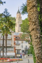 Urban scene with clock tower and palm trees, charming view of buildings, Merano, South Tyrol, Italy