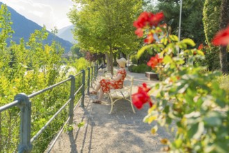 Woman on bench with view of mountain landscape, surrounded by blooming flowers, Merano, South