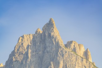 Impressive mountain peak in front of a clear blue sky, Alpe di Siusi, Dolomites, South Tyrol, Italy