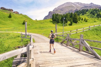 A runner crosses a wooden bridge in a green, mountainous landscape under a blue sky, Zallinger Alm,
