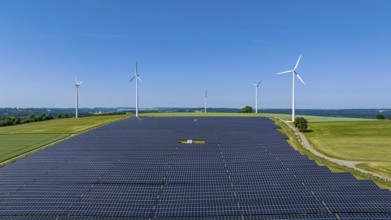 Landscape in the Swabian Alb near Amstetten. Wind farm and solar field. Amstetten,