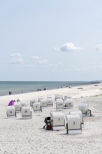 Numerous beach chairs on an extensive sandy beach with a view of the sea, Prerow,