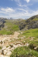 Stony path through green meadows, surrounded by mountains, under a blue sky with clouds, Schlehrn