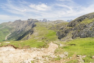 Expansive view of mountain landscape with green grass and blue sky full of clouds, Schlehrn hike,