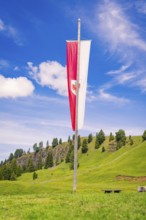Red and white flag on a mountain meadow under a blue sky, hike to the Schlehrn, Alpe di Siusi,