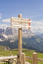 A wooden signpost points the way, the majestic mountains in the background, hike to the Schlehrn,