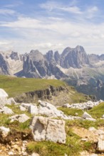 Majestic mountain landscape of the Dolomites under a blue sky, hike to the Schlehrn, Alpe di Siusi,