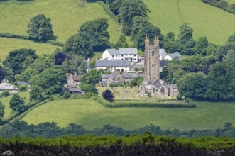 The village of Widecombe-in-the-Moor with St Pancras' Church in Dartmoor National Park. Bovey