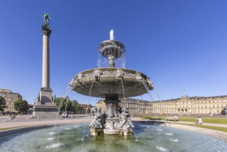 Schlossplatz Stuttgart with New Palace and fountain with fountain bowl. Place of interest in