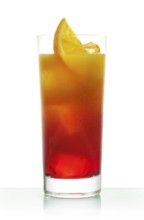 Campari orange in a long drink glass on ice with orange slices as garnish against a white