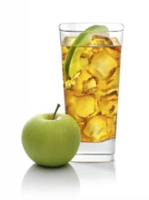Cocktail in a long drink glass on ice with half an apple slice and apple as garnish against a white