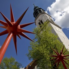 Artwork by Otto Piene entitled Fireworks for Celle in front of the tower of the town church in the