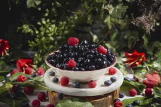 Bowl with raspberries and blueberries on a marble plinth in a natural setting