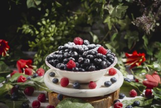 Blueberries and raspberries with icing sugar in a bowl, decoratively arranged, surrounded by leaves