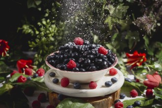 Raspberries and blueberries in a bowl are sprinkled with icing sugar, surrounded by leaves and