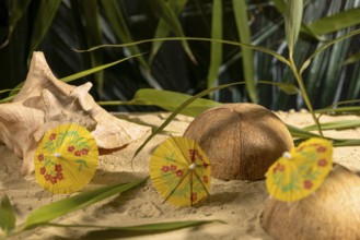 Decorative beach structure with shell, coconut and yellow umbrella