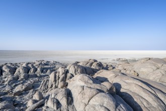 Round rocks, view over the salt pan, Kubu Island (Lekubu), Sowa Pan, Makgadikgadi salt pans,