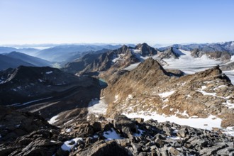 Rocky ridge on the Wilder Freiger mountain peak, behind Signal summit and Becher summit with