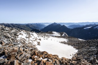 Mountain landscape with snow and mountain panorama, view towards Gschnitztal and Stubai Valley, at