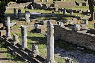 Remains of columns, foundation walls, streets, ruins of the forum in the archaeological site of