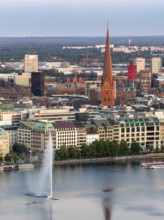 Aerial view of the Inner Alster with Alsterfontöne and St Peter's Church, Hamburg, Germany