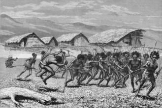 Papua village, group of natives, weapons, bow and arrow, warriors, pile dwellings, wooden houses by