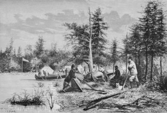 Settlers building a new settlement, lake, forest, tents, flag, landscape, boats, boat building,
