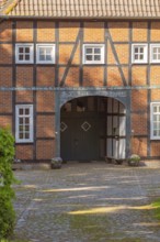 View of the entrance area of a farmhouse, Half-timbered, Historic, Frankenfeld, Heidekreis, Bad