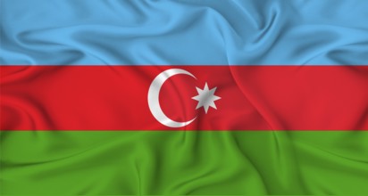 Realistic Azerbaijan flag waving. Close up of flag of Azerbaijan with cloth texture