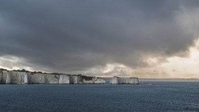 Sunset over White Cliffs of Old Harry Rocks Jurassic Coast, Dorset Coast, Poole, England, United