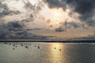 Sunset of Yachts over Ramshorn Lake and Brownsea, Poole, Dorset, England, United Kingdom