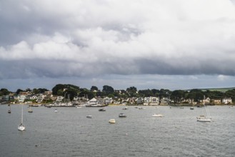 Yachts over Ramshorn Lake and Poole, Brownsea, Dorset, England, United Kingdom