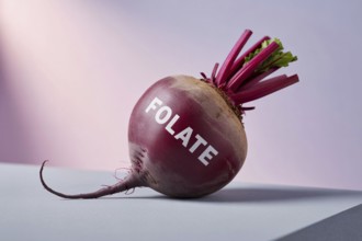 Deep-red beetroot with Folate written on its surface. Clean studio image highlighting natural