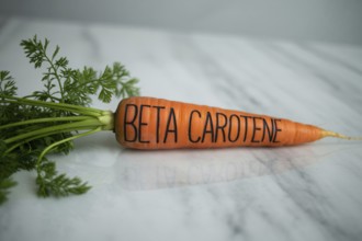 Orange carrot with beta carotene inscribed along its length. Clean studio image emphasizing