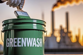 Gloved hand stirs Greenwahs paint beside a smoking factory. A stark critique of corporate pollution